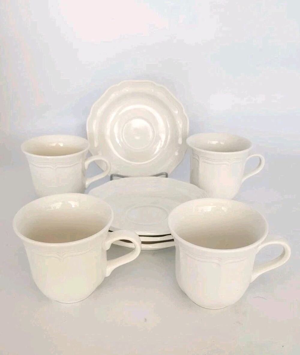 Mikasa French Countryside Teacup & Saucer 4 Sets white stoneware F9000